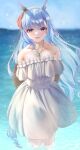  1girl animal_ears arms_behind_back bare_shoulders blue_hair blurry blurry_background braid breasts collarbone commentary crown_braid dress ear_ornament eyebrows_visible_through_hair eyes_visible_through_hair hat headwear_removed highres horse_ears horse_girl horse_tail in_water jewelry kuremaika large_breasts long_hair looking_at_viewer mejiro_ardan_(umamusume) necklace off-shoulder_dress off_shoulder shallow_water smile solo strapless strapless_dress sun_hat tail umamusume violet_eyes water white_dress 