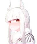  1girl absurdres animal_ear_fluff animal_ears arknights bangs beudelb blunt_bangs blush chromatic_aberration commentary eyebrows_visible_through_hair highres horse_ears jacket korean_commentary long_hair looking_at_viewer orange_eyes platinum_(arknights) sidelocks simple_background solo upper_body white_background white_hair white_jacket 