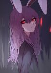  1girl 33_gaff animal_ears blazer expressionless eyebrows_visible_through_hair forest glowing glowing_eyes grass hair_between_eyes jacket light_purple_hair long_hair long_sleeves looking_to_the_side moon nature night rabbit_ears red_eyes red_moon reisen_udongein_inaba solo touhou tree 