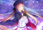  1girl absurdres artoria_pendragon_(caster)_(fate) artoria_pendragon_(fate) black_gloves blonde_hair cape closed_eyes closed_mouth double_bun fate/grand_order fate_(series) gloves hat highres hishiki_(pixi14719710) long_hair long_sleeves petals solo twintails two-sided_cape two-sided_fabric very_long_hair 