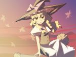  alternate_hairstyle anime_coloring blonde_hair braid broom broom_riding hat hat_ribbon kirisame_marisa leaf long_hair maple_leaf ribbon shokkin sunlight sunset touhou twilight twin_braids witch_hat yellow_eyes 