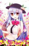  blue_hair bowtie breasts flower_field food fruit hat hinanawi_tenshi kujiran large_breasts long_hair midriff navel peach red_eyes sideboob smile solo touhou 