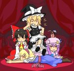  alice_margatroid black_hair blonde_hair blush boots bow capelet closed_eyes crescent drink frown grin hair_bow hairband hakurei_reimu hat k0n3k0 kirisame_marisa lying patchouli_knowledge purple_hair ribbon short_hair sitting sitting_on_person smile touhou witch_hat 