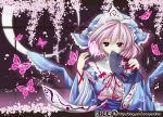  bad_id butterfly cherry_blossoms crescent_moon dr.yeh fan folding_fan hat highres japanese_clothes kimono moon pink_hair purple_eyes saigyouji_yuyuko short_hair smile solo touhou violet_eyes 