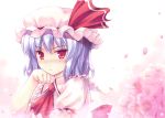  1girl ascot blush bust cherry_blossoms chin_rest fang flower hat hinooka_shuji hinooka_shuuji lavender_hair looking_at_viewer petals red_eyes remilia_scarlet solo touhou tsurime 