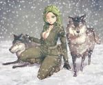  breasts choker cleavage female fingerless_gloves gloves green_eyes green_hair kneeling konami long_hair metal_gear metal_gear_solid military_uniform neayaso niiyaso sniper_wolf snow solo uniform unzipped wink wolf 