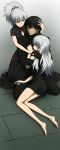  chinese_clothes dark_persona darker_than_black dual_persona hei highres hug kura_kyoo long_hair pantyhose ponytail silver_hair smile yin 