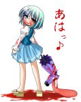  blue_eyes blue_hair broken heterochromia kagura_chitose karakasa karakasa_obake red_eyes short_hair tatara_kogasa tongue touhou umbrella yandere 