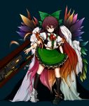  asymmetrical_clothes asymmetrical_clothing bad_id bow cape collaboration gradient_hair hair_bow lilac_(artist) long_hair mismatched_footwear multicolored_hair red_eyes reiuji_utsuho shishigami_(sunagimo) skirt solo touhou very_long_hair weapon wings 