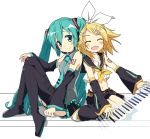  aqua_eyes aqua_hair back-to-back back_to_back blonde_hair blush detached_sleeves hair_ornament hair_ribbon hairclip happy hatsune_miku headphones headset instrument ixy kagamine_rin keyboard keyboard_(instrument) long_hair multiple_girls necktie ribbon short_hair shorts sitting skirt smile thigh-highs thighhighs twintails very_long_hair vocaloid 