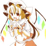  1girl :d blonde_hair eiri_(eirri) flandre_scarlet hat heart heart_hands looking_at_viewer open_mouth red_eyes short_hair simple_background smile solo touhou white_background wings wrist_cuffs 