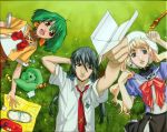  ai-kun alien blonde_hair blue_hair earrings ebata_risa fang green_hair highres jewelry long_hair macross macross_frontier necktie official_art open_mouth orange_eyes paper_airplane pet ranka_lee saotome_alto school_uniform sheryl_nome vajra 