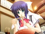  blue_hair braid chopsticks eating food game_cg iizuki_tasuku kaguyama_azami noodles school_uniform shiden_enkan_no_kizuna 