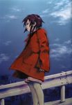  1girl abe_yoshitoshi absurdres artbook brown_eyes brown_hair city cloud coat guard_rail highres iwakura_lain official_art scan serial_experiments_lain short_hair sky solo wind yoshitoshi_abe 