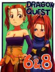  2girls bag barbara bare_shoulders belt blush breasts cape cleavage corset crossed_arms dragon_quest dragon_quest_vi dragon_quest_viii earrings elbow_gloves gloves jessica_albert jewelry neko_(hansinn) orange_hair ponytail red_eyes twintails violet_eyes whip 