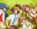  absurdres blonde_hair blue_hair blush brera_sterne brown_hair ebata_risa glasses green_eyes highres klan_klein long_hair luca_angeloni lying macross macross_frontier matsuura_nanase meltrandi mikhail_buran necktie official_art pointy_ears purple_eyes purple_hair school_uniform short_hair twintails zentradi 