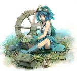 backpack bag blue_eyes blue_hair boots bottle box cucumber fingernails gloves goggles grass hair_bobbles hair_ornament hammer hat kawashiro_nitori key leaf miyuki_ruria mouth_hold plant radiation_symbol rock rubber_boots short_hair sitting solo toolbox touhou twintails water water_wheel wheel wrench 