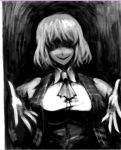  breasts bust creepy evil_smile faceless hellshock kazami_yuuka monochrome outstretched_arms plaid_vest shaded_face short_hair smile touhou 