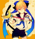  aqua_eyes banana blonde_hair bow crossdressinging food fruit gloves hair_bow hair_ribbon holding holding_fruit kagamine_len macco magical_nuko-lenlen_(vocaloid) male ribbon short_hair smile trap vocaloid wand wink 