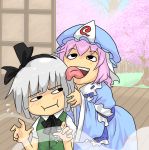  hat k0n3k0 konpaku_youmu konpaku_youmu_(ghost) licking saigyouji_yuyuko tongue touhou 