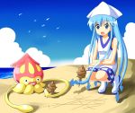  1girl beach blue_eyes blue_hair ikamusume long_hair open_mouth shinryaku!_ikamusume tic-tac-toe tsurukou_(tksymkw) very_long_hair 