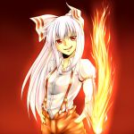  fire foreshortening fujiwara_no_mokou hair_ribbon hand_on_hip highres long_hair long_sleeves open_mouth orange_(color) outstretched_arm red_eyes ribbon seven_star simple_background smile solo suspenders touhou white_hair 