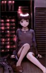  abe_yoshitoshi absurdres animal_slippers artbook brown_eyes brown_hair cable computer dress highres iwakura_lain official_art scan serial_experiments_lain server short_hair sitting slippers yoshitoshi_abe 