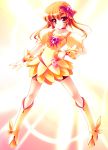 boots bow brown_eyes brown_hair cure_sunshine hair_ornament hand_on_hip heart heartcatch_precure! heartcatch_pretty_cure! long_hair magical_girl myoudouin_itsuki orange_(color) orange_dress precure pretty_cure short_hair shorts solo teruui yellow_background 