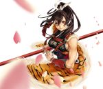  breasts brown_hair kazakami_yuu long_hair petals pixiv pixiv_fantasia pixiv_fantasia_4 ponytail red_eyes rod sideboob simuka solo tiger_print tiger_stripes 