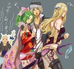  blonde_hair cape celes_chere earrings edgar_roni_figaro elbow_gloves final_fantasy final_fantasy_vi gloves green_hair jewelry lock_cole long_hair masakikazuyoshi multiple_girls necklace open_mouth pantyhose ponytail ribbon skirt smile tina_branford translated translation_request weapon 