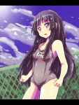  black_hair blue_eyes chainlink_fence drpow fence k-on! long_hair one-piece_swimsuit school_swimsuit solo swimsuit 