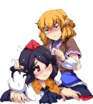  black_hair blonde_hair blush green_eyes hat mizuhashi_parsee multiple_girls pointy_ears red_eyes rough shameimaru_aya short_hair tokin_hat touching touhou umakatsuhai wince 