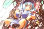  1girl :t bangs blue_dress blue_eyes blue_hair boots breasts dress dutch_angle erect_nipples face flat_cap hat himazin impossible_clothes impossible_dress kawashiro_nitori key large_breasts leaning_back looking_at_viewer machine rubber_boots sachito touhou 