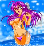  bikini breasts kurokuro_(koulen1206) long_hair oekaki original purple_eyes purple_hair solo swimsuit under_boob underboob violet_eyes wading water wink 