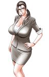  brown_eyes brown_hair business_suit cleavage formal glasses hand_on_hip highres huge_breasts mole office_lady ponytail skirt skirt_suit suit tatsunami_youtoku youtoku_tatsunami 