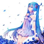  bad_id blue_eyes blue_hair doll_joints expressionless flower hatsune_miku headphones highres itamidome long_hair petals solo twintails very_long_hair vocaloid 