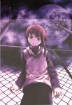  abe_yoshitoshi absurdres artbook brown_eyes brown_hair chainlink_fence cloud fence from_below head_tilt highres hoodie iwakura_lain lamppost looking_down moon official_art power_lines scan serial_experiments_lain short_hair skirt sky telephone_pole yoshitoshi_abe 