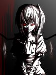  ac_(eshi) bad_id blood bound_wrists chain chains crazy creepy eshi evil_grin evil_smile flandre_scarlet glowing glowing_eyes grin high_contrast highres monochrome sharp_teeth side_ponytail smile solo spot_color teeth touhou v_arms 