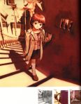  abe_yoshitoshi absurdres argyle argyle_legwear artbook brown_eyes brown_hair coat dusk from_above head_tilt highres iwakura_lain looking_up monochrome official_art power_lines scan serial_experiments_lain short_hair sketch skirt stairs telephone_pole traditional_media window yoshitoshi_abe 