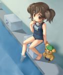 anise_tatlin barefoot black_hair blush brown_eyes brown_hair button_eyes diving_block doll feet_in_water goggles long_hair one-piece_swimsuit pool poolside school_swimsuit sensaki_chihiro soaking_feet starting_block swim_cap swim_trunks swimsuit tales_of_(series) tales_of_the_abyss tokunaga twintails water whistle 