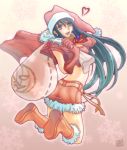  blue_hair boots cape collar crystal earrings fur gloves grin hat heart highres jack-o'-lantern jack-o-lantern jewelry jumping long_hair looking_back midriff mugi_dango open_mouth pumpkin ribbon riselina_elinueth sack santa_costume santa_hat skirt smile solo sora_no_kane_no_hibiku_hoshi_de 