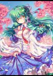 abyss_of_parliament breasts cherry_blossoms cleavage detached_sleeves frills frog green_hair hair_ornament highres kochiya_sanae long_hair north_abyssor petals snake solo touhou yellow_eyes 