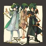  3boys androgynous bare_legs barefoot boots feet florian green_eyes green_hair hair_tubes ion male mask multiple_boys staff sync tales_of_(series) tales_of_the_abyss to_siva twintails 