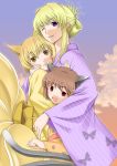  animal_ears blonde_hair brown_eyes brown_hair cat_ears cat_tail chen cloud clouds earrings fang fox_ears fox_tail hug japanese_clothes jewelry kimono multiple_tails purple_eyes short_hair smile tail touhou violet_eyes yakumo_ran yakumo_yukari yellow_eyes yukata 