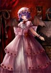  ascot bat_wings bow colored_eyelashes corset curtains dress embellished_costume eyelashes flower frills hat hourglass large_bow pink_dress purple_hair red_eyes remilia_scarlet ribbon rope rose short_hair smile solo touhou vetina wings wrist_cuffs 