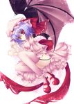 bat_wings blue_hair fetal_position garter_belt hat hat_ribbon mary_janes mikan_(5555) pink_thighhighs remilia_scarlet ribbon shoes short_hair thigh-highs touhou wings 