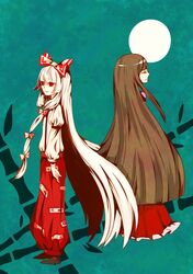  bad_id bamboo brown_hair closed_eyes dress fujiwara_no_mokou full_moon hair_ribbon houraisan_kaguya long_hair long_sleeves moon multiple_girls pants profile red_eyes ribbon silver_hair standing suspenders touhou yuura 