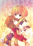  2girls ana_(artist) ana_(rznuscrf) animal_ears bad_id barefoot blonde_hair brown_hair cat_ears cat_tail chen closed_eyes floral_background frills gathers happy holding hug light_particles multiple_girls multiple_tails no_hat no_headwear smile tail touhou yakumo_yukari 