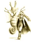  bracelet cape chiba_(tibaacss) gloves ibuki_(pokemon) jewelry kingdra long_hair monochrome nintendo pokemon pokemon_(game) pokemon_gsc ponytail sepia simple_background white_background 