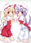  bad_id bat_wings blonde_hair bow fang flandre_scarlet hat jpeg_artifacts kneeling multiple_girls open_mouth purple_hair red_eyes remilia_scarlet siblings sisters smile symmetrical_hand_pose tareme touhou tsurime wings wrist_cuffs yumesato_makura 